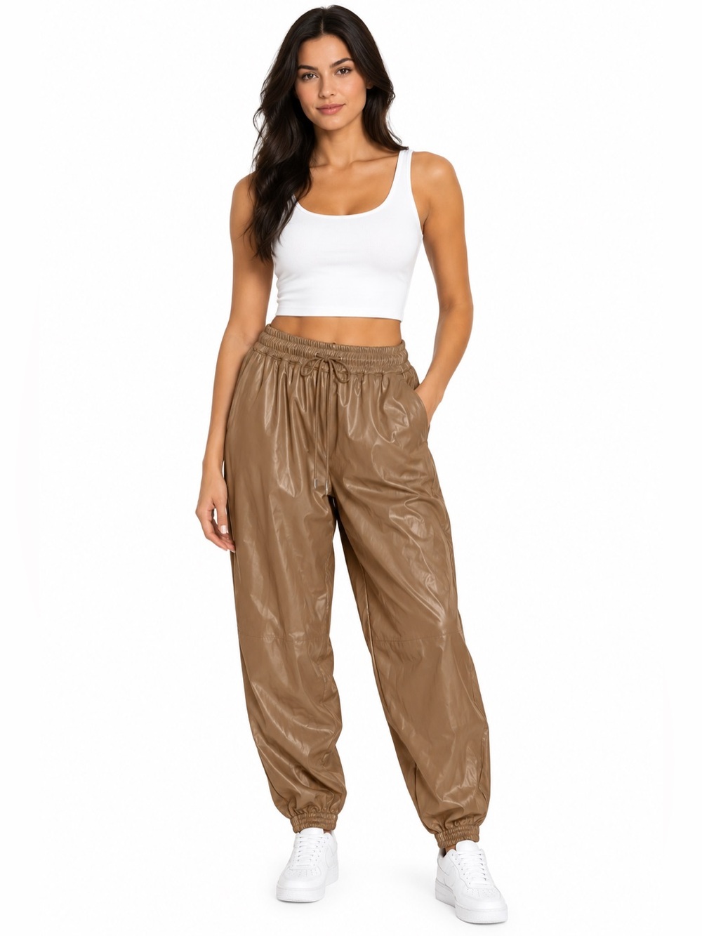 Grace + Karma Women’s drawstring faux leather jogger pant with pockek Brown